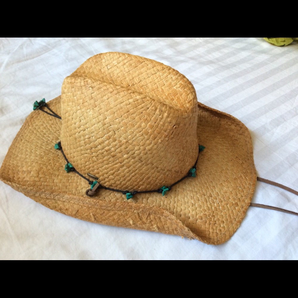 Scala Straw Western Hat Turquoise Jewels Like New!